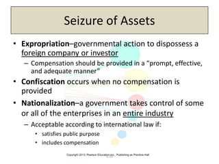 Copyright 2013, Pearson Education Inc., Publishing as Prentice-Hall
5-39
Seizure of Assets
• Expropriation–governmental action to dispossess a
foreign company or investor
– Compensation should be provided in a “prompt, effective,
and adequate manner”
• Confiscation occurs when no compensation is
provided
• Nationalization–a government takes control of some
or all of the enterprises in an entire industry
– Acceptable according to international law if:
• satisfies public purpose
• includes compensation
 