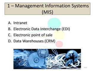 Copyright 2013, Pearson Education Inc., Publishing as Prentice-Hall
6-45
1 – Management Information Systems
(MIS)
A. Intranet
B. Electronic Data Interchange (EDI)
C. Electronic point of sale
D. Data Warehouses (CRM)
 
