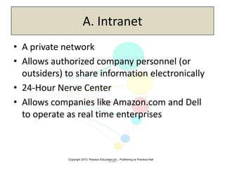 Copyright 2013, Pearson Education Inc., Publishing as Prentice-Hall
6-46
A. Intranet
• A private network
• Allows authorized company personnel (or
outsiders) to share information electronically
• 24-Hour Nerve Center
• Allows companies like Amazon.com and Dell
to operate as real time enterprises
 