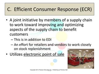 Copyright 2013, Pearson Education Inc., Publishing as Prentice-Hall
6-48
C. Efficient Consumer Response (ECR)
• A joint initiative by members of a supply chain
to work toward improving and optimizing
aspects of the supply chain to benefit
customers
– This is in addition to EDI
– An effort for retailers and vendors to work closely
on stock replenishment
• Utilizes electronic point of sale
 