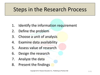 Copyright 2013, Pearson Education Inc., Publishing as Prentice-Hall
6-53
Steps in the Research Process
1. Identify the information requirement
2. Define the problem
3. Choose a unit of analysis
4. Examine data availability
5. Assess value of research
6. Design the research
7. Analyze the data
8. Present the findings
 