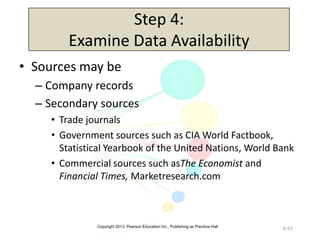 Copyright 2013, Pearson Education Inc., Publishing as Prentice-Hall
6-57
Step 4:
Examine Data Availability
• Sources may be
– Company records
– Secondary sources
• Trade journals
• Government sources such as CIA World Factbook,
Statistical Yearbook of the United Nations, World Bank
• Commercial sources such asThe Economist and
Financial Times, Marketresearch.com
 