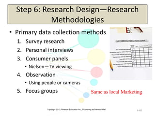 Copyright 2013, Pearson Education Inc., Publishing as Prentice-Hall
6-60
Step 6: Research Design—Research
Methodologies
• Primary data collection methods
1. Survey research
2. Personal interviews
3. Consumer panels
• Nielsen—TV viewing
4. Observation
• Using people or cameras
5. Focus groups Same as local Marketing
 