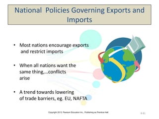 Copyright 2013, Pearson Education Inc., Publishing as Prentice-Hall
8-81
National Policies Governing Exports and
Imports
• Most nations encourage exports
and restrict imports
• When all nations want the
same thing,…conflicts
arise
• A trend towards lowering
of trade barriers, eg. EU, NAFTA
 