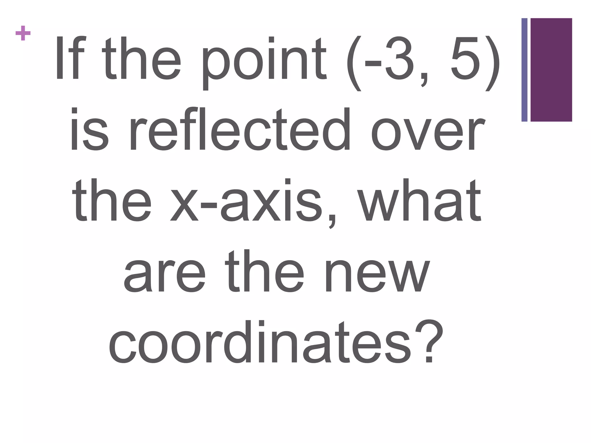 +
    If the point (-3, 5)
     is reflected over
     the x-axis, what
        are the new
       coordinates?
 