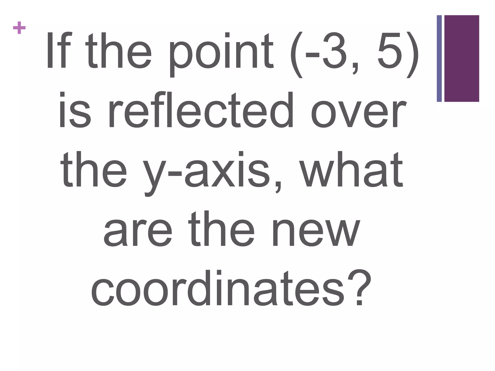 +
    If the point (-3, 5)
     is reflected over
     the y-axis, what
        are the new
       coordinates?
 