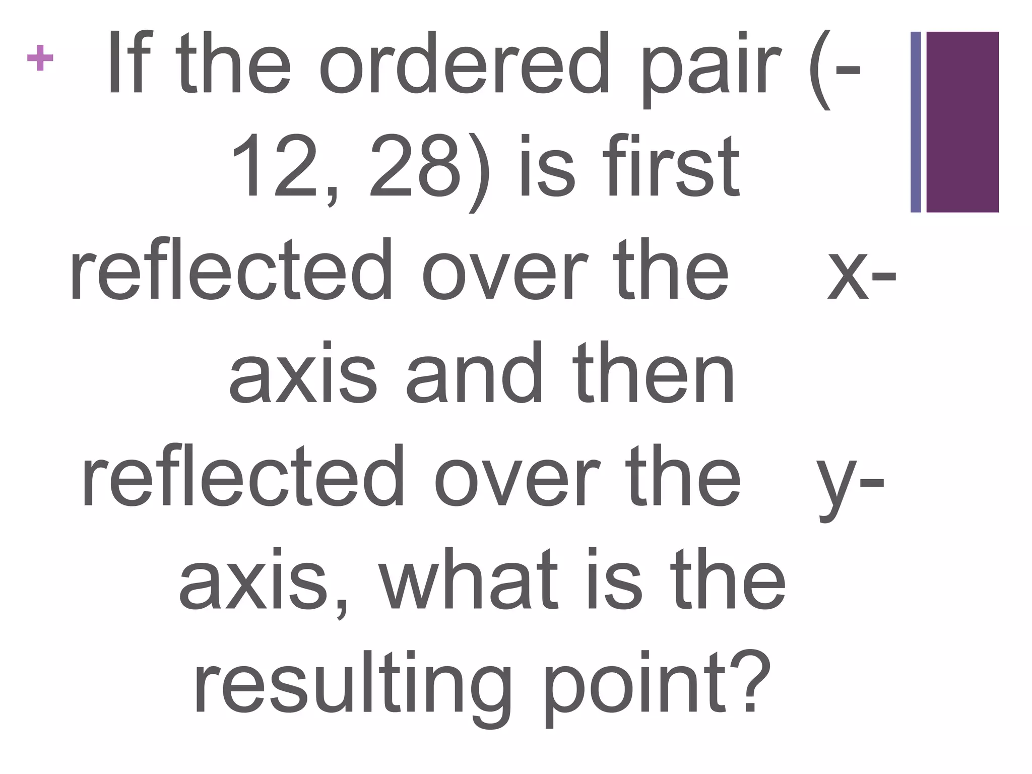 +    If the ordered pair (-
          12, 28) is first
    reflected over the x-
          axis and then
    reflected over the y-
        axis, what is the
         resulting point?
 