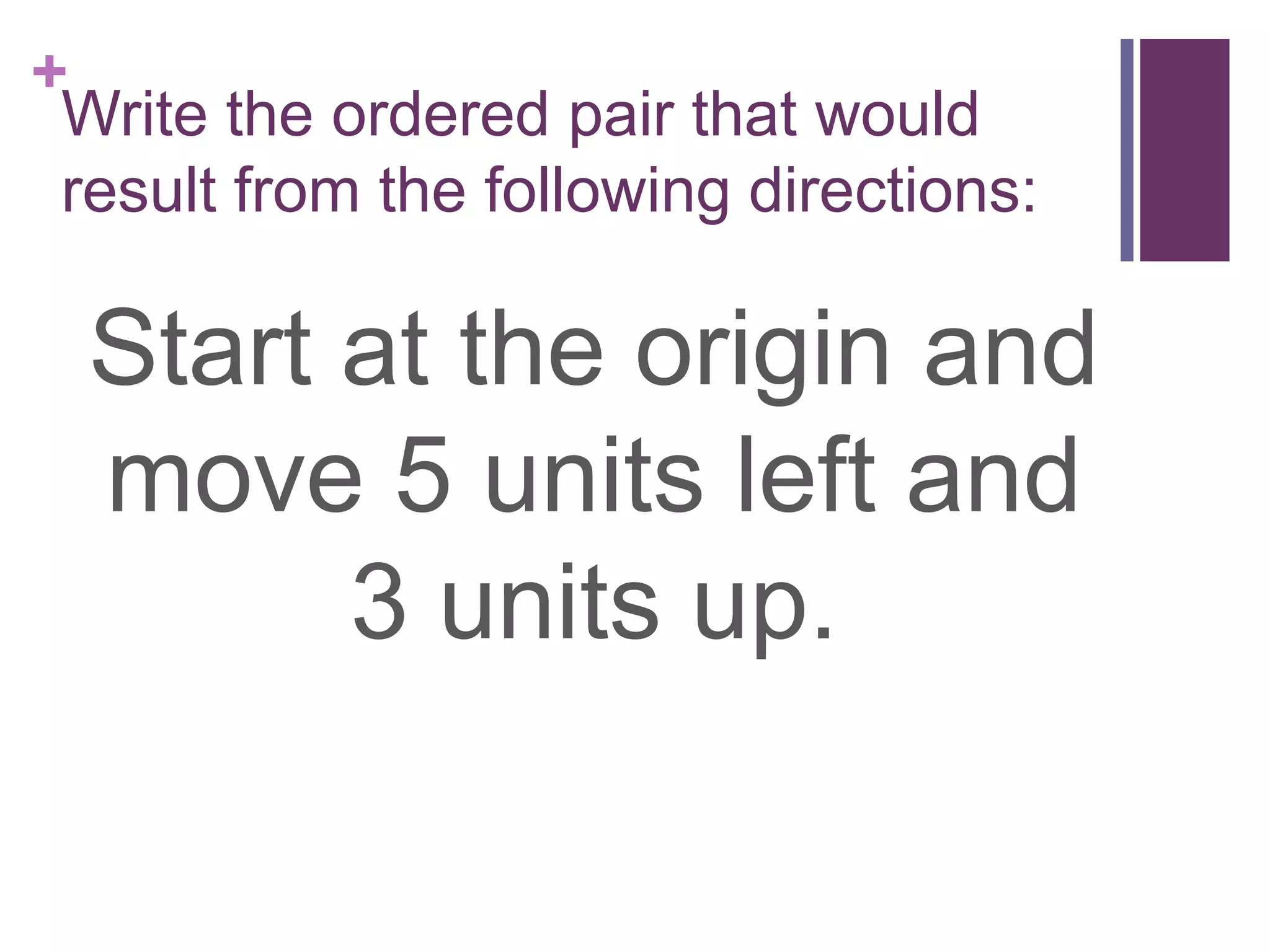 +
 Write the ordered pair that would
 result from the following directions:

  Start at the origin and
  move 5 units left and
        3 units up.
 