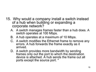 16
15. Why would a company install a switch instead
of a hub when building or expanding a
corporate network?
A. A switch manages frames faster than a hub does. A
switch operates at 100 Mbps.
B. A hub operates at a maximum of 10 Mbps.
C. A switch modifies the Ethernet frame to remove any
errors. A hub forwards the frame exactly as it
arrived.
D. A switch provides more bandwidth by sending
frames only out the port to which the destination
device is attached. A hub sends the frame out all
ports except the source port. *
 
