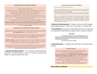 5) Editorial of Argumentation - This is oftentimes called editorial of
persuasion. The editor argues in order to convince or persuade the
reader to accept his stand on the issue.
6) Editorial of Entertainment - It evokes a smile, a chuckle, laughter
while suggesting truth. Its main aim is to entertain. It is usually short
7) Mood Editorial - It presents a philosophy rather than an argument
or an explanation. Oftentimes, the subject matter is nature or emotion.
8) Special Occasion - it explains the significance of a special day or
occasion.
How to Write an Editorial
 