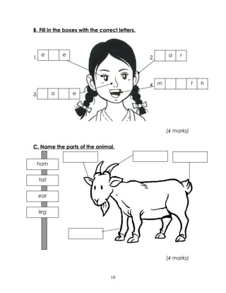 B. Fill in the boxes with the correct letters.
1. 2.
4.
3.
(4 marks)
C. Name the parts of the animal.
(4 marks)
10
horn
tail
ear
leg
e e a r
m t h
o e
 