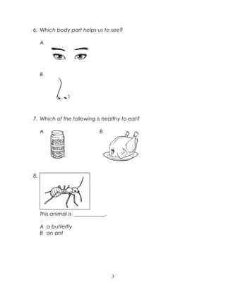 6. Which body part helps us to see?
A
B
7. Which of the following is healthy to eat?
A B
8.
This animal is ____________.
A a butterfly
B an ant
3
 