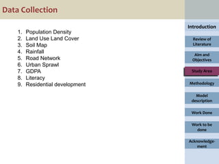 Data Collection
                                   Introduction
    1.   Population Density
    2.   Land Use Land Cover         Review of
    3.   Soil Map                    Literature
    4.   Rainfall                    Aim and
    5.   Road Network               Objectives
    6.   Urban Sprawl
    7.   GDPA                       Study Area
    8.   Literacy
    9.   Residential development   Methodology

                                      Model
                                    description

                                    Work Done

                                    Work to be
                                      done

                                   Acknowledge-
                                       ment
 