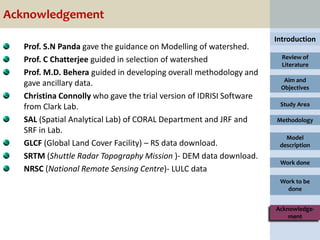 Acknowledgement
                                                                      Introduction
   Prof. S.N Panda gave the guidance on Modelling of watershed.
   Prof. C Chatterjee guided in selection of watershed                  Review of
                                                                        Literature
   Prof. M.D. Behera guided in developing overall methodology and
                                                                        Aim and
   gave ancillary data.                                                Objectives
   Christina Connolly who gave the trial version of IDRISI Software
   from Clark Lab.                                                     Study Area

   SAL (Spatial Analytical Lab) of CORAL Department and JRF and       Methodology
   SRF in Lab.
                                                                         Model
   GLCF (Global Land Cover Facility) – RS data download.               description
   SRTM (Shuttle Radar Topography Mission )- DEM data download.
                                                                       Work done
   NRSC (National Remote Sensing Centre)- LULC data
                                                                       Work to be
                                                                         done


                                                                      Acknowledge-
                                                                          ment
 