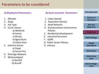 Parameters to be considered

 A) Biophysical Parameters:    B) Socio-economic Parameters     Introduction

                                                                  Review of
 1. Altitude                  1.   Urban Sprawl                   Literature
 2. Slope                     2.    Population Density
 3. Soil Type                 3.    Road Network                  Aim and
 4. LU/LC classes             4.    Socioeconomic Environment    Objectives
          a) Wetlands               Policies
                                                                 Study Area
          b) Forest           5.   Residential development
          c) Shrubs           6.   Industrial Structure         Methodology
          d) Agriculture      7.   GDPA
          e) Urban Area       8.   Public Sector Policies          Model
 5. Extreme Events            9.   Literacy                      description
          a) Flood
          b) Forest Fire                                         Work Done
 6. Drainage Network
                                                                 Work to be
 7. Meteorological                                                 done
         a) Rainfall
         b) Runoff                                              Acknowledge-
                                                                    ment
 