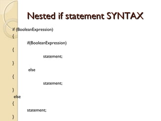 NNeesstteedd iiff ssttaatteemmeenntt SSYYNNTTAAXX 
if (BooleanExpression) 
{ 
if(BooleanExpression) 
{ 
statement; 
} 
else 
{ 
statement; 
} 
else 
{ 
statement; 
} 
 