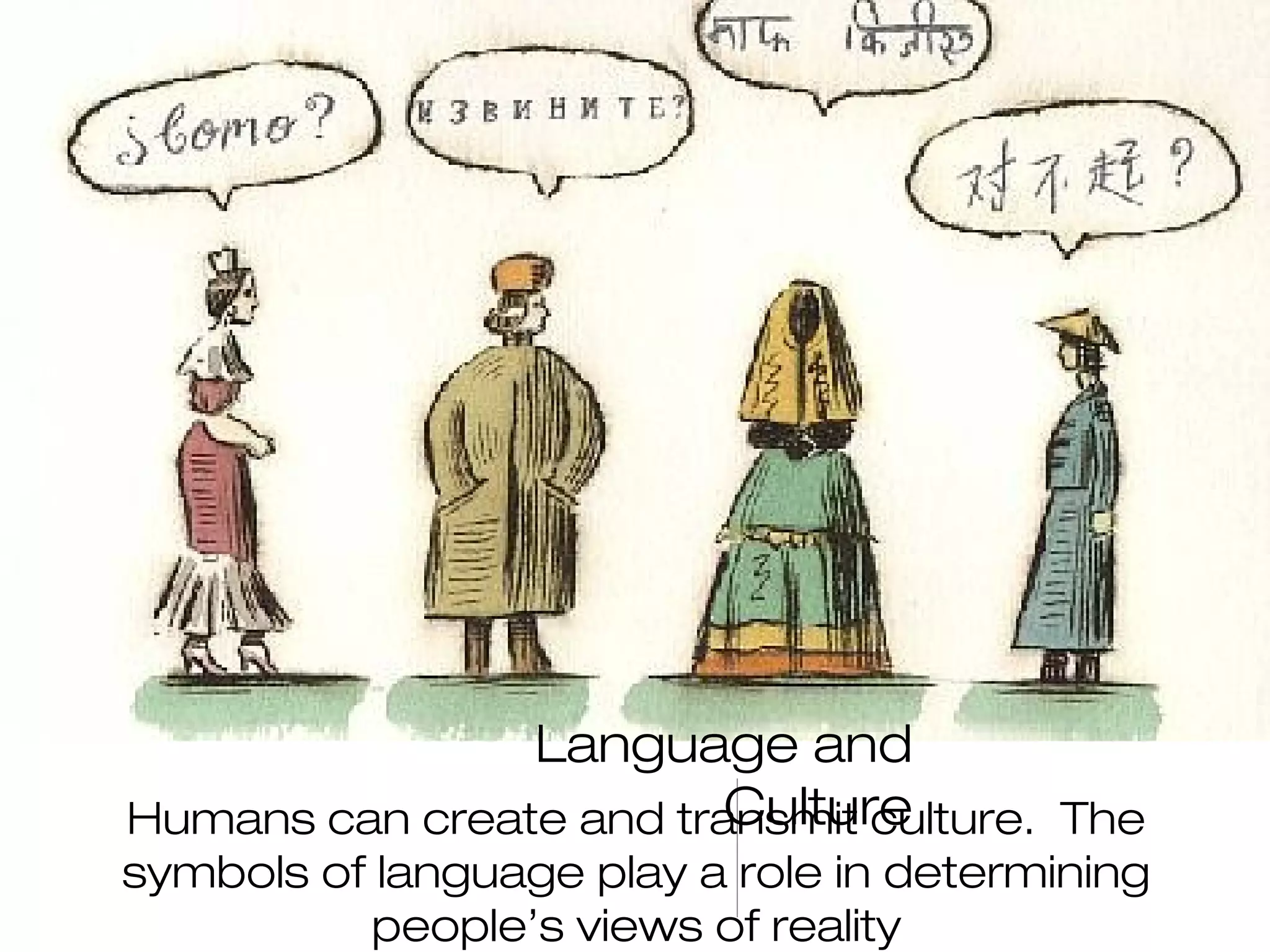 Language and
Culture
Humans can create and transmit culture. The
symbols of language play a role in determining
people’s views of reality

 