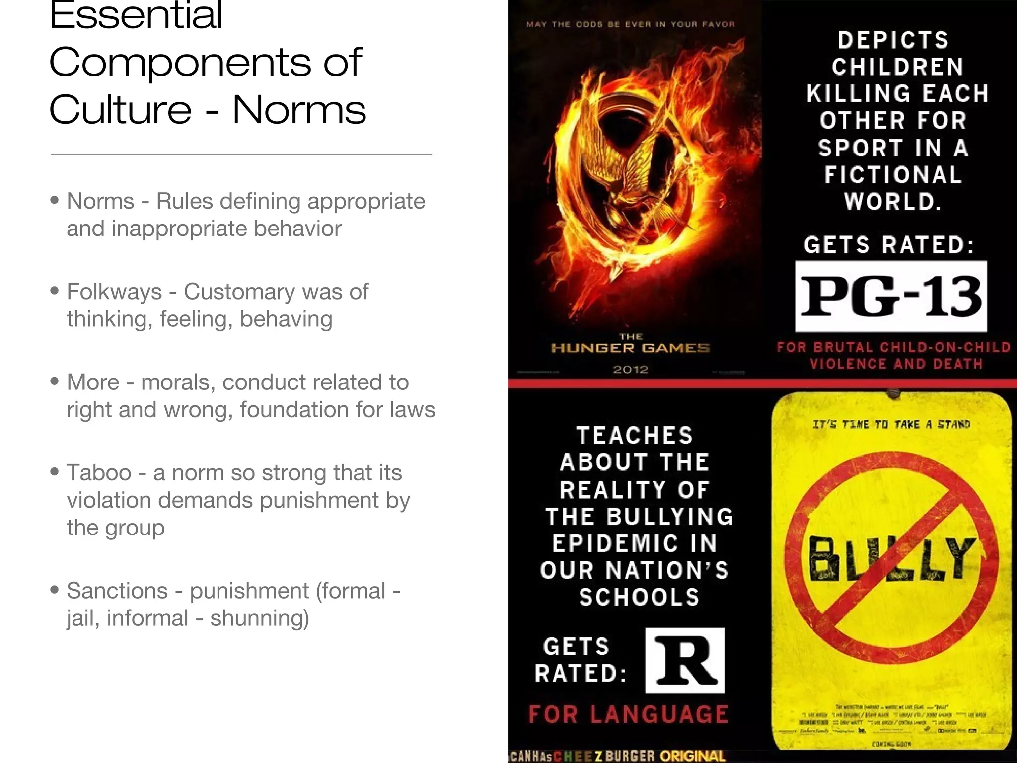 Essential
Components of
Culture - Norms
• Norms - Rules defining appropriate
and inappropriate behavior
• Folkways - Customary was of
thinking, feeling, behaving
• More - morals, conduct related to
right and wrong, foundation for laws
• Taboo - a norm so strong that its
violation demands punishment by
the group
• Sanctions - punishment (formal jail, informal - shunning)

 