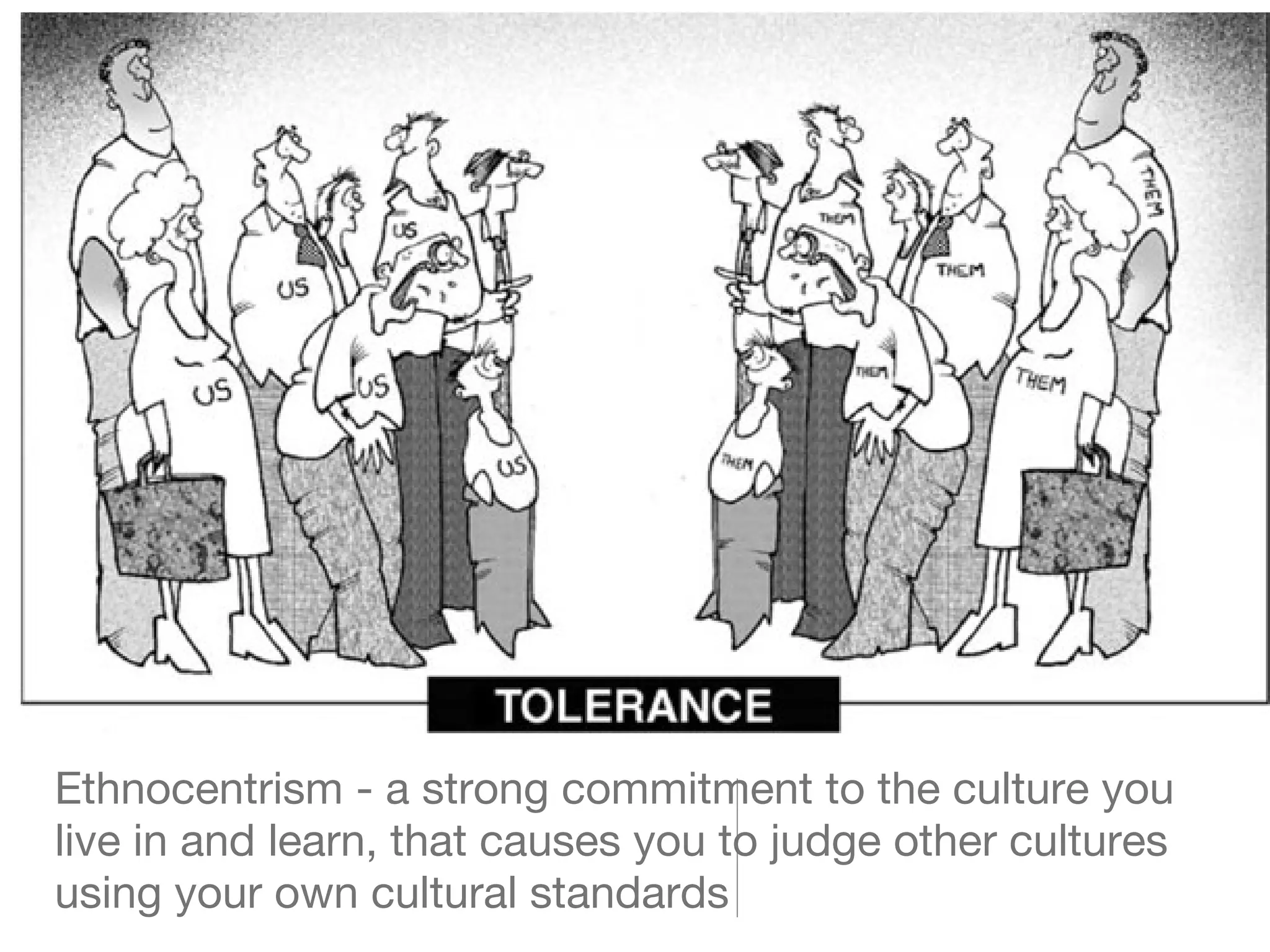 Ethnocentrism - a strong commitment to the culture you
live in and learn, that causes you to judge other cultures
using your own cultural standards

 