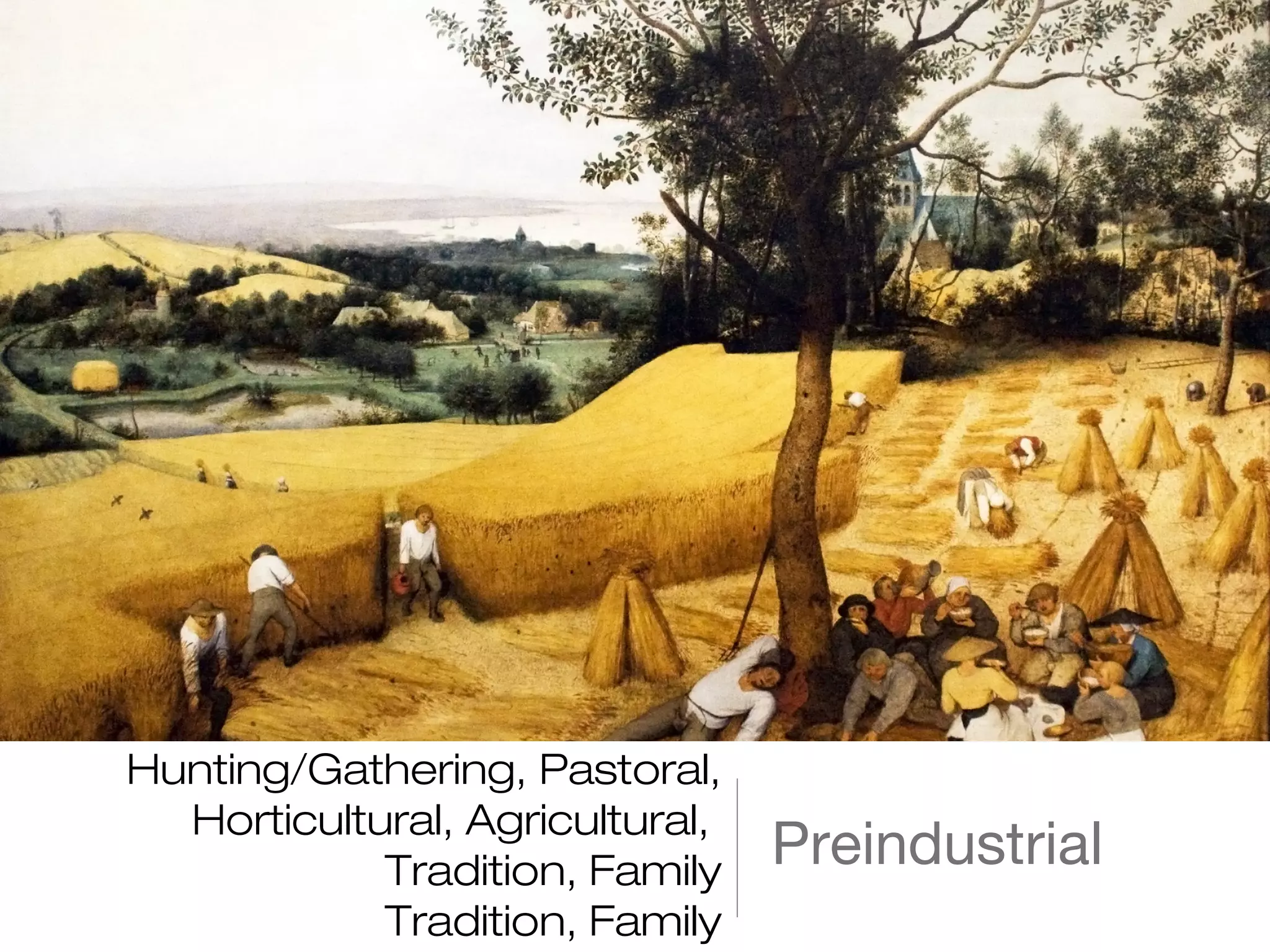 Hunting/Gathering, Pastoral,
Horticultural, Agricultural,
Tradition, Family
Tradition, Family

Preindustrial

 