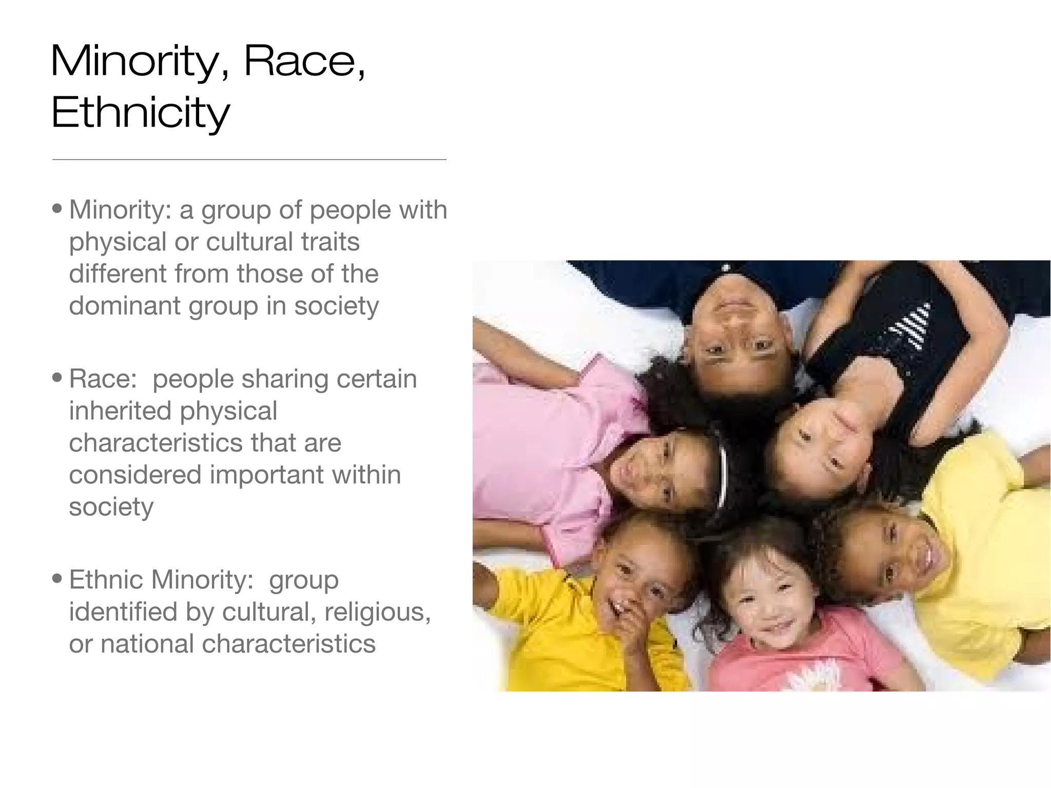 Minority, Race,
Ethnicity
• Minority: a group of people with
physical or cultural traits
different from those of the
dominant group in society
• Race: people sharing certain
inherited physical
characteristics that are
considered important within
society
• Ethnic Minority: group
identified by cultural, religious,
or national characteristics

 