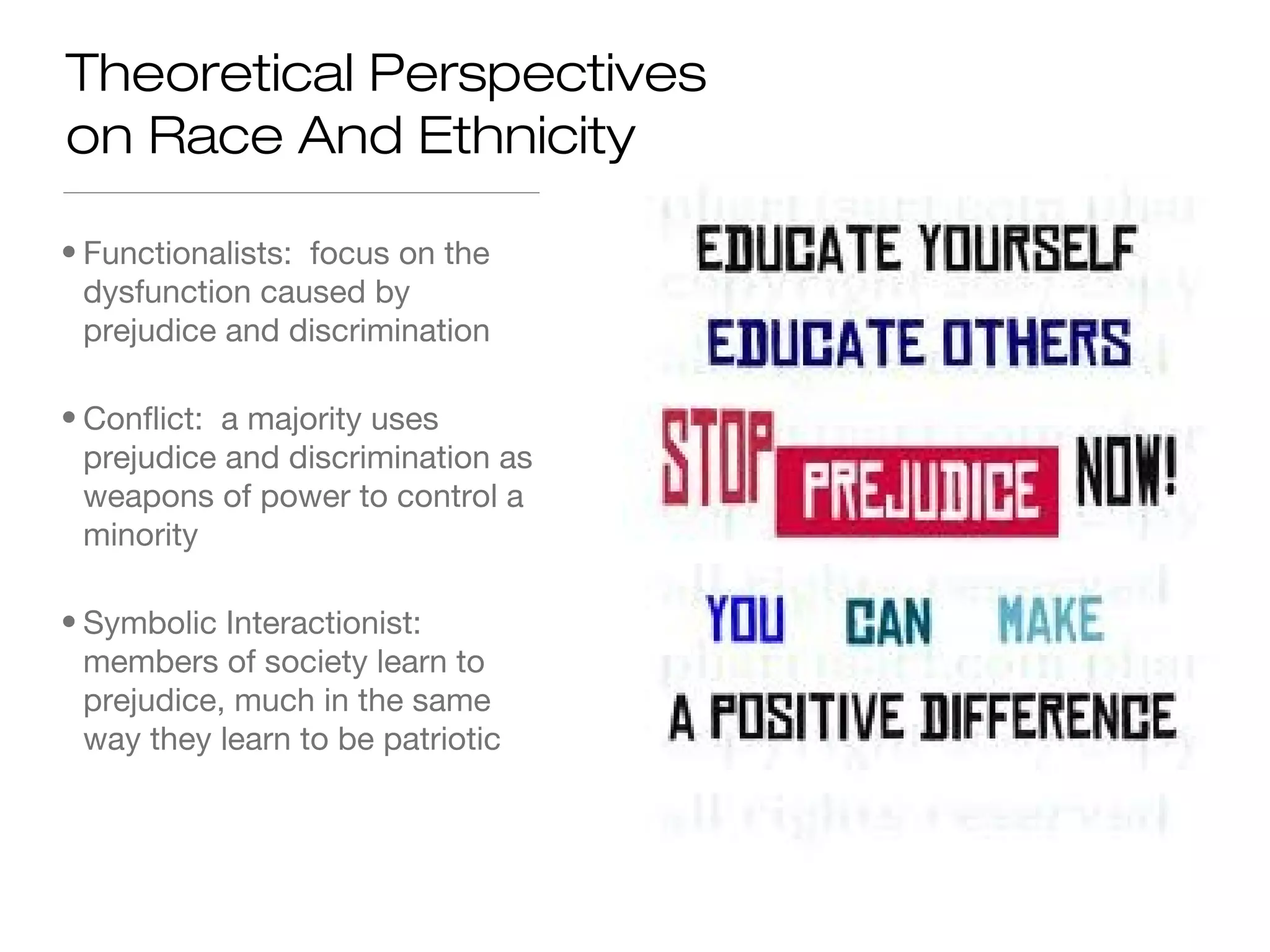 Theoretical Perspectives
on Race And Ethnicity
• Functionalists: focus on the
dysfunction caused by
prejudice and discrimination
• Conflict: a majority uses
prejudice and discrimination as
weapons of power to control a
minority
• Symbolic Interactionist:
members of society learn to
prejudice, much in the same
way they learn to be patriotic

 
