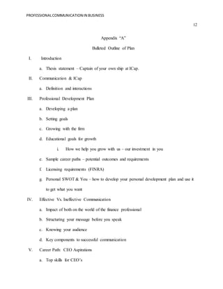 PROFESSIONALCOMMUNICATION IN BUSINESS
12
Appendix “A”
Bulleted Outline of Plan
I. Introduction
a. Thesis statement – Capta...