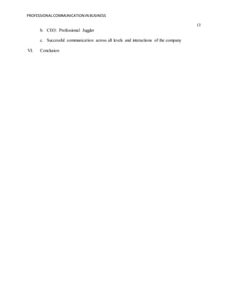 PROFESSIONALCOMMUNICATION IN BUSINESS
13
b. CEO: Professional Juggler
c. Successful communication across all levels and in...