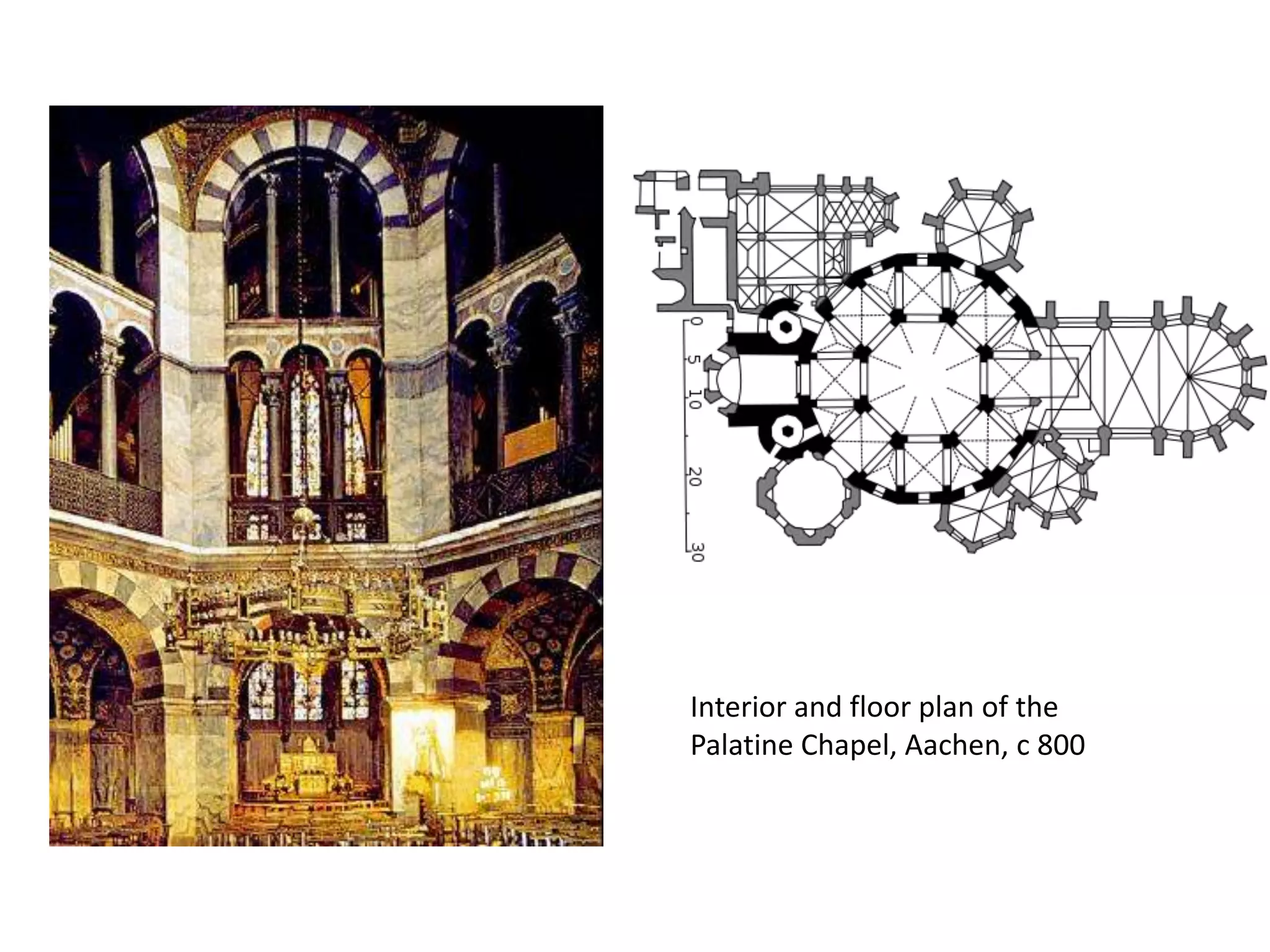 Interior and floor plan of the Palatine Chapel, Aachen, c 800