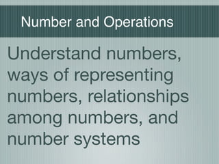 Number and Operations

Understand numbers,
ways of representing
numbers, relationships
among numbers, and
number systems
 