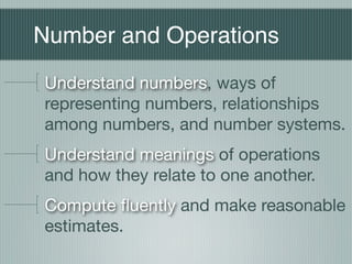 Number and Operations
Understand numbers, ways of
representing numbers, relationships
among numbers, and number systems.
Understand meanings of operations
and how they relate to one another.
Compute ﬂuently and make reasonable
estimates.
 