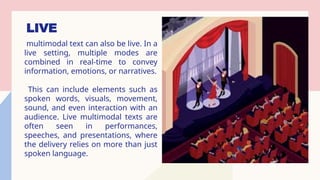 LIVE
multimodal text can also be live. In a
live setting, multiple modes are
combined in real-time to convey
information, emotions, or narratives.
This can include elements such as
spoken words, visuals, movement,
sound, and even interaction with an
audience. Live multimodal texts are
often seen in performances,
speeches, and presentations, where
the delivery relies on more than just
spoken language.
 