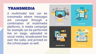 TRANSMEDIA
A multimodal text can be
transmedia where messages
are conveyed through a
combination of multimedia
platforms. A media campaign
for example can be performed
live on stage, uploaded to
social media, broadcasted live
over the radio, and printed on
the school paper as well.
 