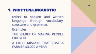 1. WRITTEN/LINGUISTIC
14
refers to spoken and written
language through vocabulary,
structure and grammar.
Examples:
THE SECRET OF MAKING PEOPLE
LIKE YOU
A LIITLE MISTAKE THAT COST A
FARMER $3,000 A YEAR
 