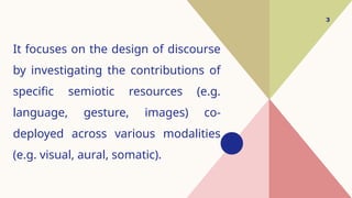 It focuses on the design of discourse
by investigating the contributions of
specific semiotic resources (e.g.
language, gesture, images) co-
deployed across various modalities
(e.g. visual, aural, somatic).
3
 