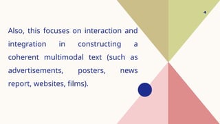 Also, this focuses on interaction and
integration in constructing a
coherent multimodal text (such as
advertisements, posters, news
report, websites, films).
4
 