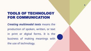 TOOLS OF TECHNOLOGY
FOR COMMUNICATION
Creating multimodal texts means the
production of spoken, written, or text
in print or digital forms. It is the
business of making meanings with
the use of technology.
6
 