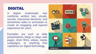 DIGITAL
A digital multimodal text
combines written text, visuals,
sounds, interactive elements, and
sometimes video or animation to
create an engaging and layered
experience for users.
Examples are such as slide
presentations, blogs or vlogs, web
pages, short films, videos, media
campaigns, or anything that
capitalizes on digital technology.
 