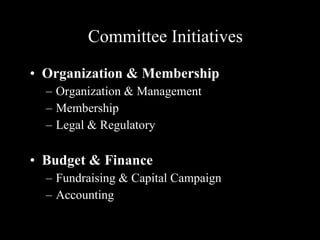 Organization & Membership Organization & Management Membership Legal & Regulatory Budget & Finance Fundraising & Capital Campaign Accounting Committee Initiatives 