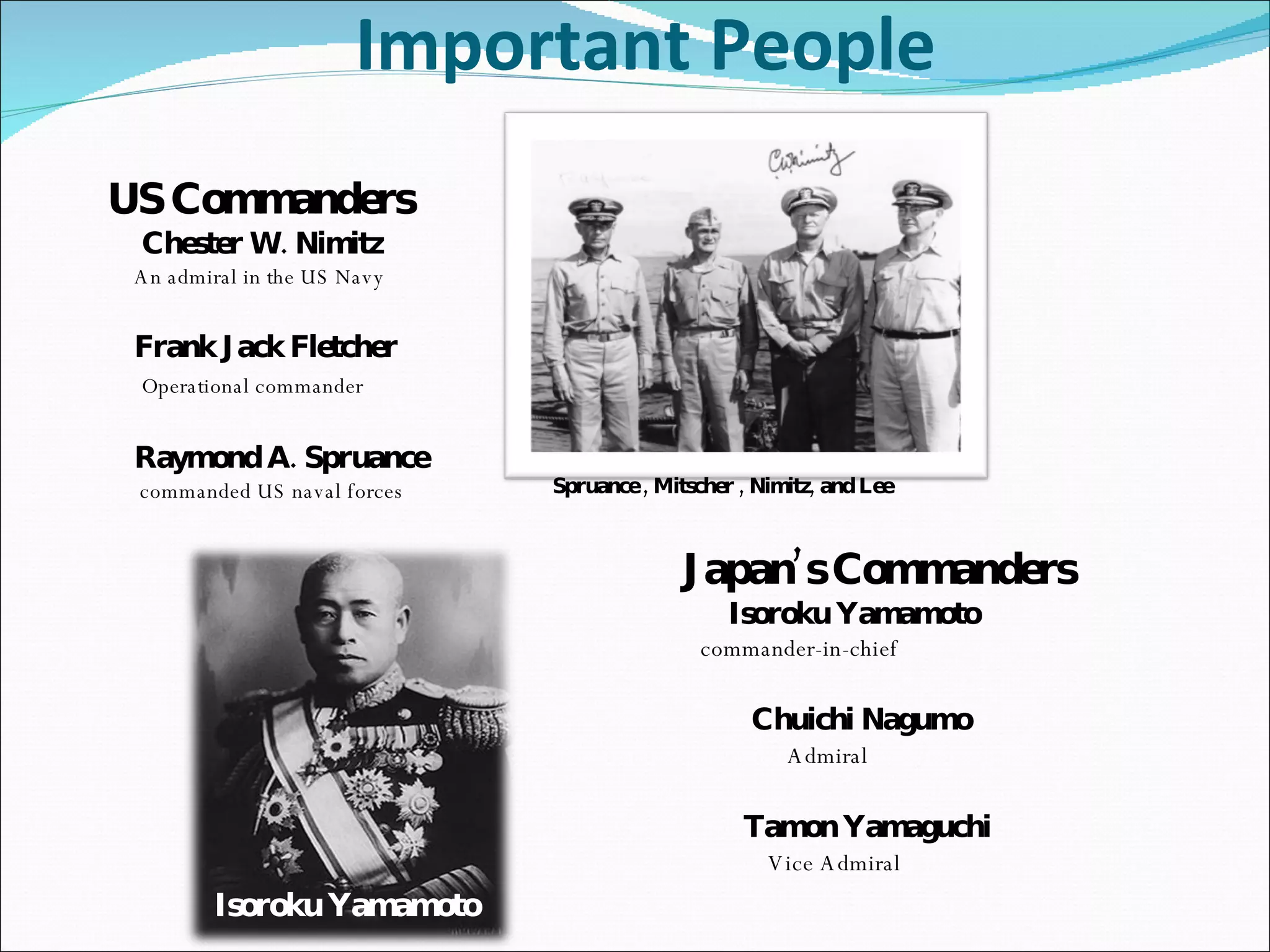 Important People US Commanders  Chester W. Nimitz An admiral in the US Navy Frank Jack Fletcher Operational commander Raymond A. Spruance commanded US naval forces Japan’s Commanders  Isoroku Yamamoto  commander-in-chief Chuichi Nagumo Admiral Tamon Yamaguchi Vice Admiral Isoroku Yamamoto  Spruance , Mitscher , Nimitz, and Lee 