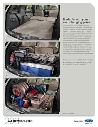 It adapts with your
                       ever-changing plans.
                       Spontaneous day trips. Carefully organized
                       vacations. Every ride in between. The reinvented
                       Explorer is designed to go with the flow. There’s
                       standard 7-passenger seating. And it’s packed
                       with convenient features you’ll all appreciate. You
                       get 4 standard 12-volt powerpoints, perfect for
                       recharging everybody’s electronics. Overhead
A                      lights are standard in all 3 rows. The available
                       2nd-row center console takes an innovative
                       approach, opening from the back side, so its
                       storage space can be utilized by passengers in
                       both the 2nd and 3rd rows. You can even rest
                       smaller items in the built-in recessed area on the
                       lid when it’s open. And 3rd-row riders get large,
                       new storage bins all to themselves. Explorer
                       delivers more crowd-pleasing versatility than ever.



                       A. Flat load floor with up to 80.7 cu. ft. of cargo space
                       B. Extra-deep 21-cu.-ft. cargo area behind 3rd row1
                       C. Standard 2nd-row 60/40 split-fold seat




B




C                      1
                           Including rear seat well.




    ALL-NEW EXPLORER                                   ford.com
 
