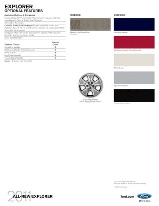 EXPLORER
OPTIONAL FEATURES
Available Options & Packages                                             INTERIOR                               EXTERIOR
6-speed SelectShift AutomaticTM transmission (requires and only
available with Class III Trailer Tow Package)
All-weather floor mats
Class III Trailer Tow Package includes engine oil cooler, tire
mobility kit and 4-/7-pin wiring harness (requires 6-speed SelectShift
Automatic transmission)
Intelligent 4WD with Terrain Management System,TM Hill Descent           Medium Light Stone Cloth               Kona Blue Metallic
                                                                         Standard
ControlTM and front recovery hooks
Sirius Satellite Radio

                                                       Interior
Exterior Colors                                         Color
Kona Blue Metallic
Red Candy Metallic Tinted Clearcoat1                                                                            Red Candy Metallic Tinted Clearcoat
White Suede
Ingot Silver Metallic
Tuxedo Black Metallic
Interior:   Medium Light Stone Cloth



                                                                                                                White Suede




                                                                                                                Ingot Silver Metallic




                                                                                        17-in. Steel Wheels
                                                                                    with 5-Spoke Wheel Covers
                                                                                              Standard          Tuxedo Black Metallic




                                                                                                                Colors are representative only.
                                                                                                                See your dealer for actual paint/trim options.
                                                                                                                1
                                                                                                                    Additional charge.




            ALL-NEW EXPLORER                                                                                                ford.com
 