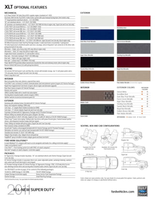 XLT OPTIONAL FEATURES
MECHANICAL                                                                                                        EXTERIOR
6.7L Power Stroke® V8 Turbo Diesel B20-capable engine (standard on F-450)
Electronic Shift-On-the-Fly (ESOF) 4-wheel-drive system with auto/manual locking hubs (4x4 models only)
17" forged polished-aluminum wheels — 4 (F-350 DRW)
18" cast-aluminum wheels — 4 (F-250/F-350 SRW)
20" premium cast-aluminum wheels — 4 (F-250/F-350 SRW 4x4 diesel engine only; SuperCab and Crew Cab only)
LT245/75R17 all-terrain BSW tires — 5 (F-350 DRW/F-450)
                                                                                                                  Oxford White                                                Vermillion Red
LT245/75R17 all-terrain OWL tires — 4 (F-350 DRW/F-450)
LT265/70R17 all-terrain OWL tires — 4 (F-250/F-350 SRW)
LT275/65R18 all-season BSW tires — 5 (F-250/F-350 SRW)
LT275/70R18 all-terrain BSW tires — 4 (F-250/F-350 SRW 4x4)
LT275/70R18 all-terrain OWL tires — 4 (F-250/F-350 SRW 4x4)
LT275/65R20 all-terrain OWL tires — 4 (F-250/F-350 SRW 4x4; SuperCab and Crew Cab only; diesel engine only)
                                                                                                                  Dark Blue Pearl Metallic                                    Forest Green Metallic
5th-Wheel/Gooseneck Trailer Tow Prep Package includes 1 under-bed-frame crossmember, 5 pickup bed
5th-wheel/gooseneck attachment points and close-out plugs, and an integrated 7-pin connector on the driver-side
pickup bed wall (8' box only)
Alternator — Single, extra-heavy-duty 200-amp (diesel engine only)
Alternators — Dual, 357-amp total (diesel engine only)
Engine block heater (standard in 15 cold-weather states)
Rear axle — Electronic-locking (F-250/F-350 SRW only)                                                             Ingot Silver Metallic                                       Sterling Grey Metallic
Rear axle — Higher-ratio (gas engine only)
Rear axle — Limited-slip (F-350 DRW/F-450 only)
Power TakeOff (PTO) provision allows transmission-mounted live drive and stationary modes (diesel engine only)
Reverse Vehicle Aid Sensor (n/a with pickup box delete)
SEATING                                                                                                           Tuxedo Black Metallic                                       Royal Red Metallic
40/console/40 front bucket seats and flow-thru console with lockable storage, two 12-volt power points and a
110-volt power inverter (SuperCab and Crew Cab only)
Power 6-way driver seat
INTERIOR
Black all-weather floor mats (deletes carpeted floor mats)
                                                                                                                  Golden Bronze Metallic                                      Pale Adobe Metallic (restrictions apply)
Ford SYNC® voice-activated, in-vehicle communications and entertainment system (requires XLT Interior Package)
Rapid-Heat Supplemental Cab Heater (requires diesel engine and alternator upgrade)
Rear View Camera (requires XLT Interior Package)                                                                  INTERIOR                                                    EXTERIOR COLORS                        INTERIOR
                                                                                                                                                                                                                      COLORS
Remote start system
SIRIUS Satellite Radio with 6-month trial subscription                                                                                                                        Oxford White
Steering wheel-mounted audio controls (requires SYNC)                                                                                                                         Vermillion Red
Upfitter switches located on instrument panel (4)                                                                                                                             Dark Blue Pearl Metallic
                                                                                                                                                                              Forest Green Metallic
EXTERIOR                                                                                                                                                                      Ingot Silver Metallic
Autolamp with rainlamp feature (included with XLT Interior Package)                                               Adobe Cloth
                                                                                                                                                                              Sterling Grey Metallic
Body-color bodyside moldings (SRW only)                                                                                                                                       Tuxedo Black Metallic
Cab steps — 6" angular Black molded (standard on DRW)
                                                                                                                                                                              Royal Red Metallic
Cab steps — 5" chrome tubular (SuperCab and Crew Cab only)
                                                                                                                                                                              Golden Bronze Metallic
Fog lamps (included with XLT Appearance Package and XLT Premium Package)
                                                                                                                                                                              Pale Adobe Metallic
Manual-sliding rear window with privacy glass (Regular Cab only)
Pickup box delete (F-250/F-350 only; requires 8' box; n/a with 20" wheels or FX4 OFF-ROAD Package)                Steel Cloth
                                                                                                                                                                              INTERIORS:        Adobe Cloth     Steel Cloth
PowerScopeTM power-telescoping/-folding trailer tow mirrors with power/heated glass, heated manual spotter
mirrors, and integrated clearance lamps and turn signals
Power-sliding rear window with privacy glass (SuperCab and Crew Cab only)
Roof clearance lamps (standard on DRW)                                                                            SEATING, BOX AND CAB CONFIGURATIONS
SecuriCode TM keyless-entry keypad (included with XLT Interior Package and XLT Premium Package)
Skid plates on transfer case and fuel tank (included with FX4 OFF-ROAD Package)
Stowable bed extender (F-250/F-350 SRW only)
Tailgate Step includes step, Tailgate Assist and grab bar
ToughBed® spray-in bedliner includes tailgate guard and black bed bolts1
FORD WORK SOLUTIONSTM                                                                                                                                                                Regular Cab
In-dash Windows® CE computer with touch-screen navigation and hands-free calling (restrictions apply) 1
Cable Lock by Master Lock®1
Crew Chief TM — Fleet tracking system (n/a with SYNC or in-dash computer) 1                                           Standard 40/20/40             Available 40/console/40
                                                                                                                         split front seat              front bucket seats
Tool Link TM (requires in-dash computer; restrictions apply) 1
PACKAGES                                                                                                                   6¾' Box Size                                              SuperCab
XLT Appearance Package includes fog lamps, 18" cast-aluminum wheels and Chrome Package (SuperCab and
Crew Cab only)
XLT Interior Package includes 6-way power driver seat, power-adjustable pedals, autolamp/rainlamp, autolock,
auto-unlock and SecuriCode keyless-entry keypad
XLT Premium Package includes XLT Interior Package, XLT Appearance Package, SYNC, LCD Productivity Screen,
auto-dimming rearview mirror and steering wheel-mounted audio controls (SuperCab and Crew Cab only)
See PACKAGES section on page 24 for content of the following packages:                                                                                                               Crew Cab
10,000-lb. GVWR Package (F-350 SRW)         FX4 OFF-ROAD Package                                                          8' Box Size
Camper Package (restrictions apply)         Heavy-Service Front Suspension Package
Chrome Package                              Snow Plow Prep Package
1
                                                                                                                  Colors shown are representative only. See your dealer for actual paint/trim options. Fabric patterns and
    Ford Licensed Accessory. See your dealer for limited warranty details.                                        colors are subject to change or substitution without notice.




                                                                               ®
                  ALL-NEW SUPER DUTY                                                                                                                               fordvehicles.com
 