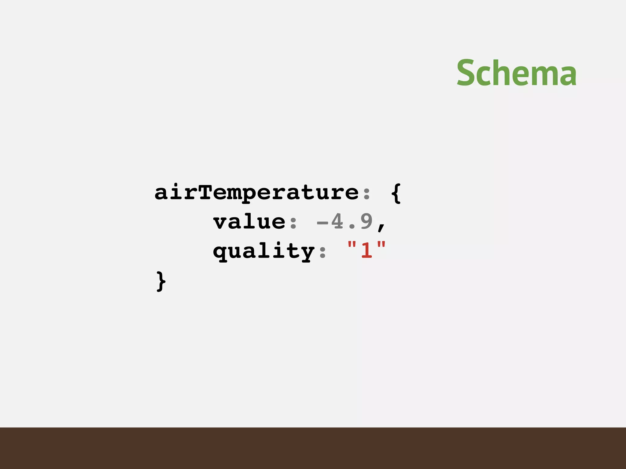 Schema
!
airTemperature: {!
value: -4.9,!
quality: "1"!
}!
 