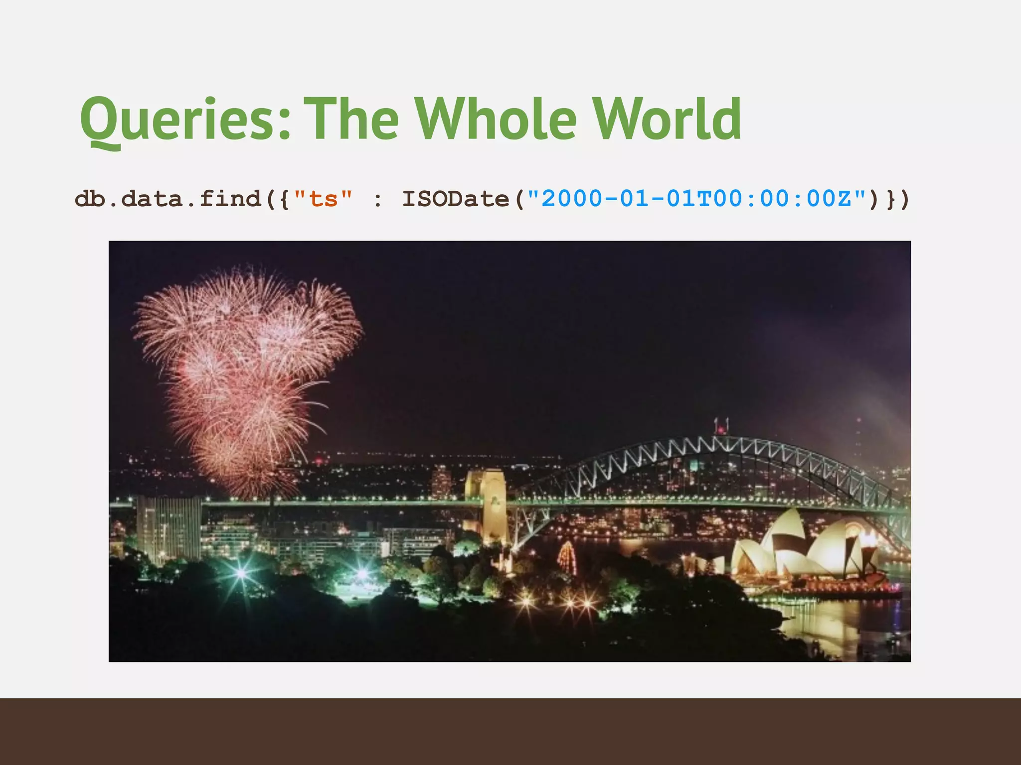 Queries: The Whole World
db.data.find({"ts" : ISODate("2000-01-01T00:00:00Z")})
 