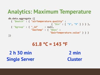 Analytics: Maximum Temperature
db.data.aggregate	
  ([	
  
	
  	
  {	
  "$match"	
  :	
  {	
  "airTemperature.quality"	
  :	
  	
  
	
  	
  	
  	
  	
  	
  	
  	
  	
  	
  	
  	
  	
  	
  	
  	
  	
  	
  	
  	
  	
  	
  	
  	
  	
  	
  	
  	
  	
  	
  	
  	
  {	
  "$in"	
  :	
  [	
  "1",	
  "5"	
  ]	
  }	
  }	
  },	
  
	
  	
  {	
  "$group"	
  :	
  {	
  "_id"	
  	
  	
  	
  	
  :	
  null, 
	
  	
  	
  	
  	
  	
  	
  	
  	
  	
  	
  	
  	
  	
  	
  	
  	
  "maxTemp"	
  :	
  {	
  "$max"	
  :	
   
	
  	
  	
  	
  	
  	
  	
  	
  	
  	
  	
  	
  	
  	
  	
  	
  	
  	
  	
  	
  	
  	
  	
  	
  	
  	
  	
  	
  	
  	
  	
  "$airTemperature.value"	
  }	
  }	
  }	
  
])	
  	
  
61.8 °C = 143 °F
2 h 30 min
Single Server
2 min
Cluster
 