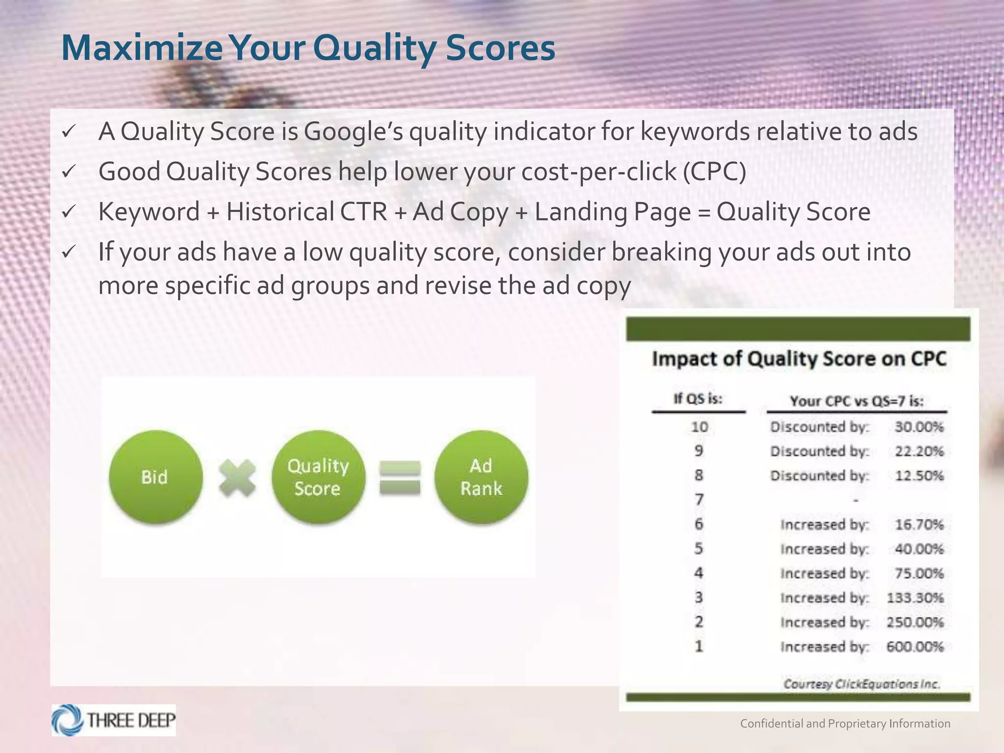 Maximize Your Quality Scores

   A Quality Score is Google’s quality indicator for keywords relative to ads
   Good Quality Scores help lower your cost-per-click (CPC)
   Keyword + Historical CTR + Ad Copy + Landing Page = Quality Score
   If your ads have a low quality score, consider breaking your ads out into
    more specific ad groups and revise the ad copy




                                                             Confidential and Proprietary Information
 