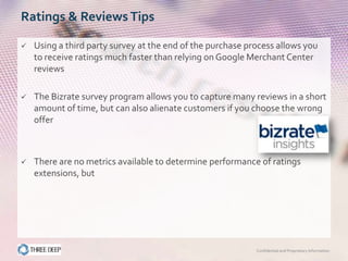 Ratings & Reviews Tips

   Using a third party survey at the end of the purchase process allows you
    to receive ratings much faster than relying on Google Merchant Center
    reviews

   The Bizrate survey program allows you to capture many reviews in a short
    amount of time, but can also alienate customers if you choose the wrong
    offer



   There are no metrics available to determine performance of ratings
    extensions, but




                                                            Confidential and Proprietary Information
 