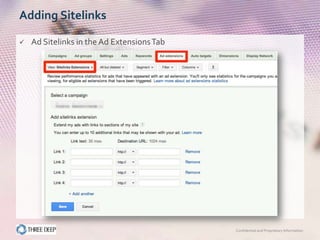 Adding Sitelinks

   Ad Sitelinks in the Ad Extensions Tab




                                            Confidential and Proprietary Information
 
