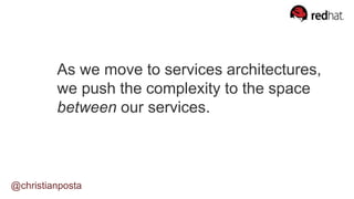 As we move to services architectures,
we push the complexity to the space
between our services.
@christianposta
 